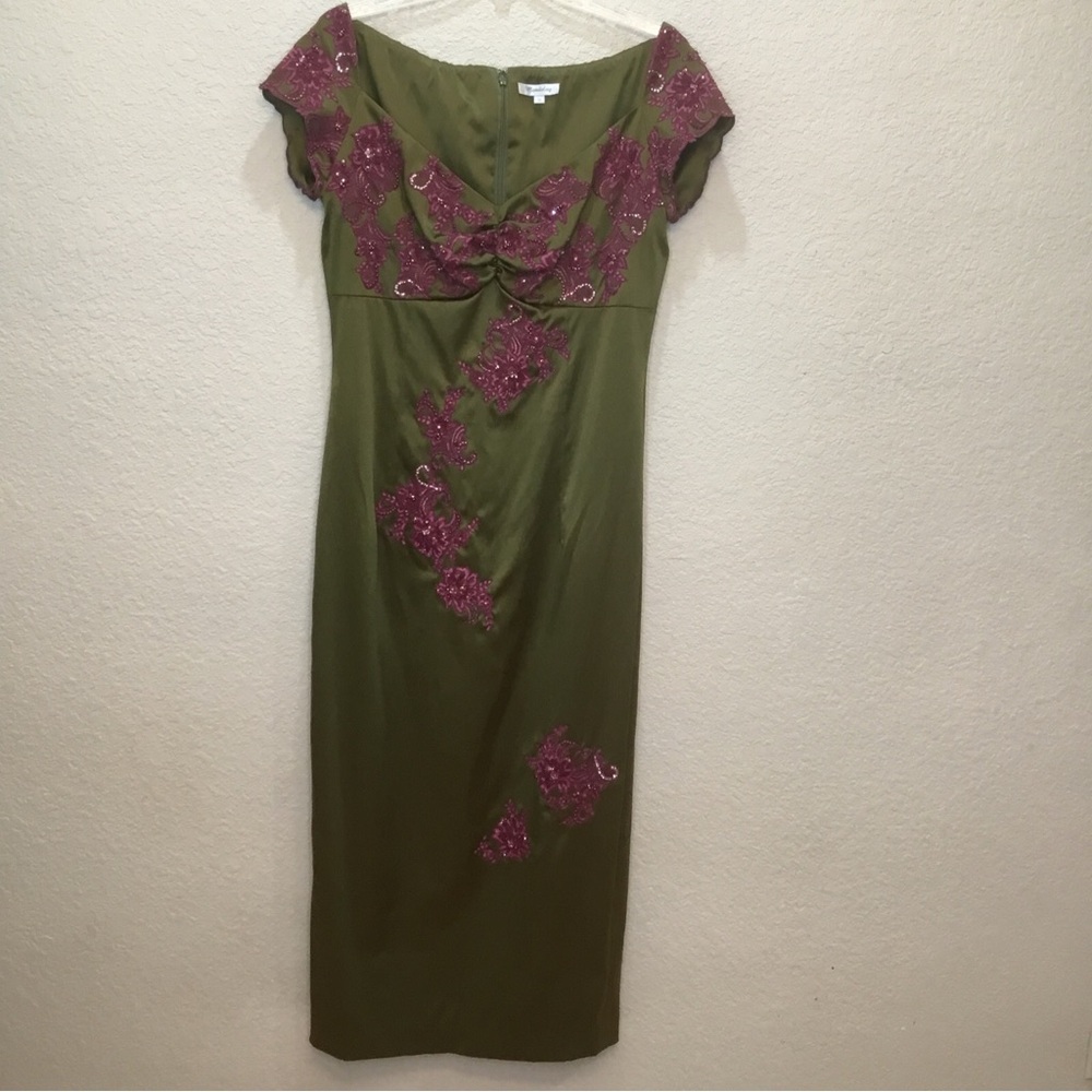 MANDALAY 12 Evening COCKTAIL DRESS Embellished Green Gown Purple Beads Sequins